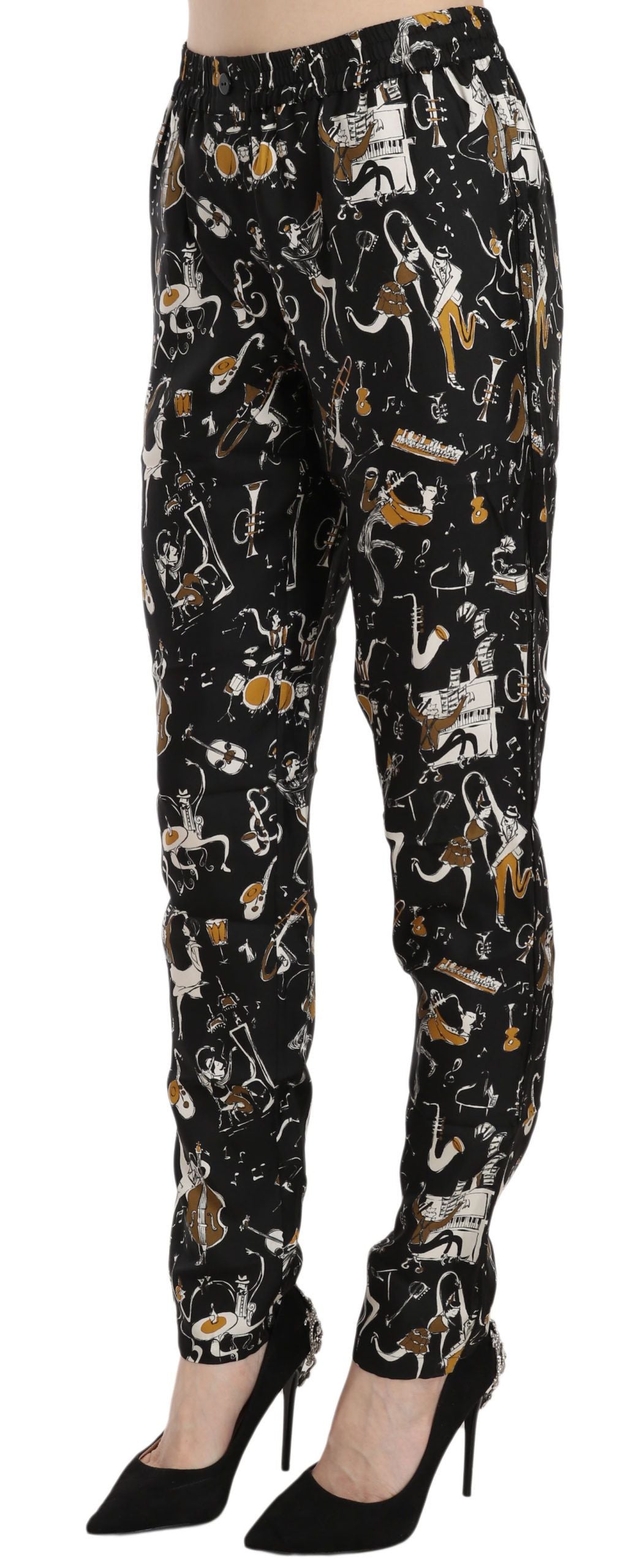 Dolce &amp; Gabbana – Schwarze, schmal zulaufende Hose mit „Jazz Club“-Print und hoher Taille