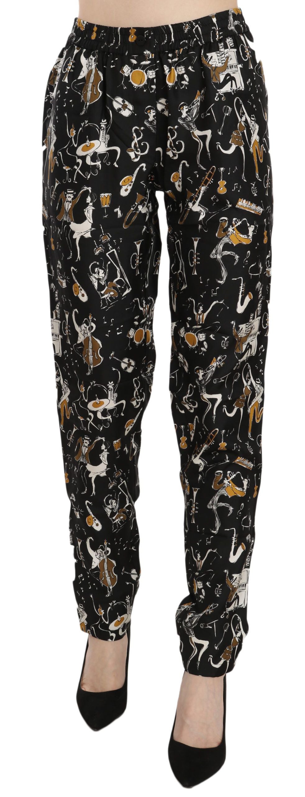 Dolce &amp; Gabbana – Schwarze, schmal zulaufende Hose mit „Jazz Club“-Print und hoher Taille