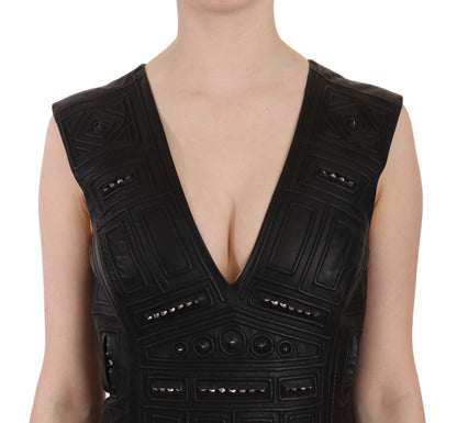 John Richmond Studded Black Leather Mini Sheath Dress