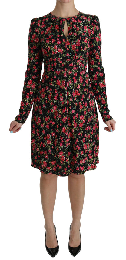 Dolce &amp; Gabbana Schwarzes, langärmeliges, knielanges Kleid mit Blumenmuster