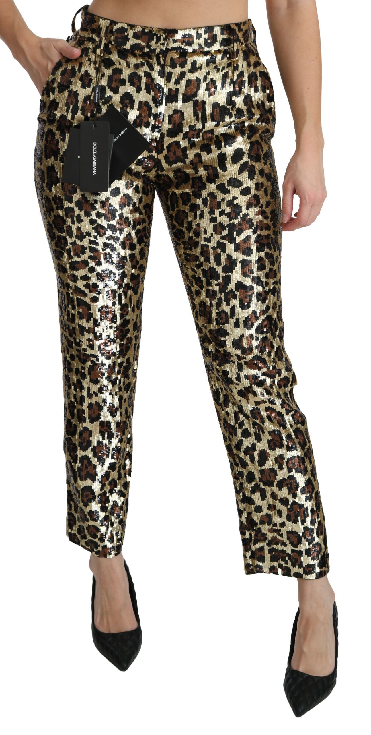 Dolce &amp; Gabbana Braune Hose mit hoher Taille und Leoparden-Pailletten