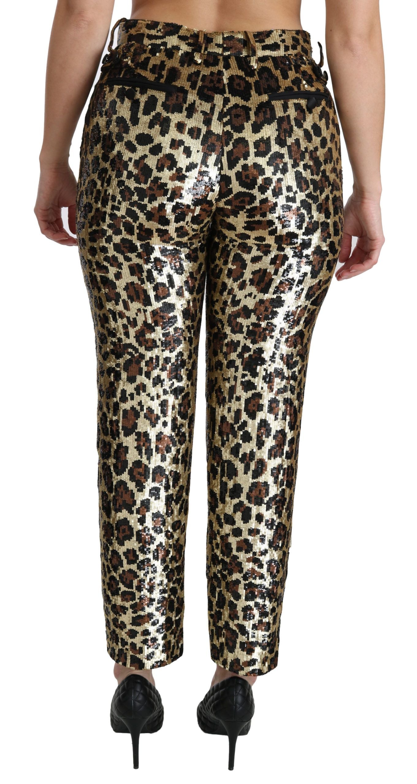 Dolce &amp; Gabbana Braune Hose mit hoher Taille und Leoparden-Pailletten