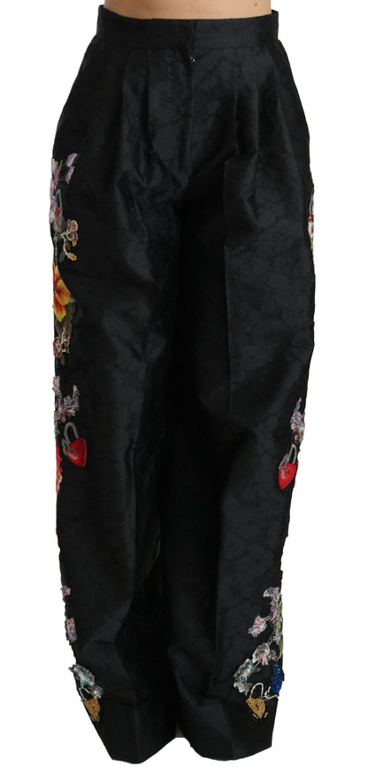 Dolce &amp; Gabbana Schwarze Brokat-Hose mit floralen Pailletten und Perlen