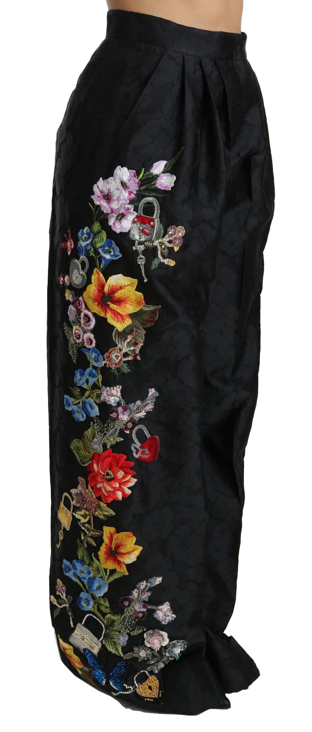 Dolce &amp; Gabbana Schwarze Brokat-Hose mit floralen Pailletten und Perlen