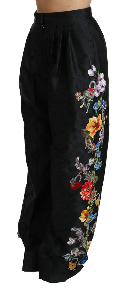 Dolce &amp; Gabbana Schwarze Brokat-Hose mit floralen Pailletten und Perlen