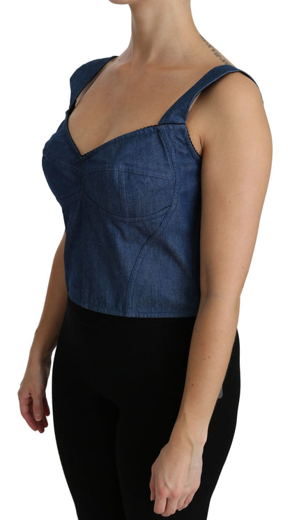 Dolce & Gabbana Blue Sleeveless Bustier Blouse Cotton Top