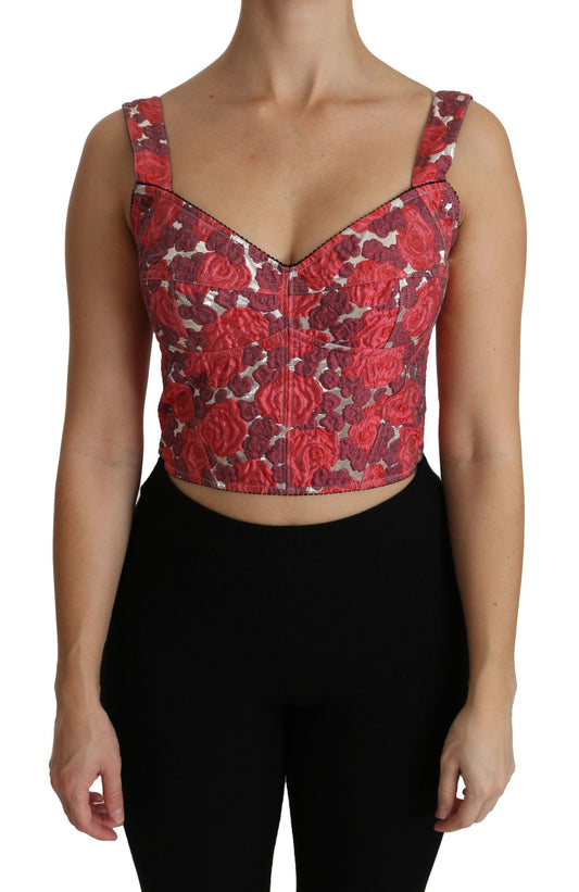 Dolce & Gabbana Pink Floral Brocade Crpped Blouse Tank Top