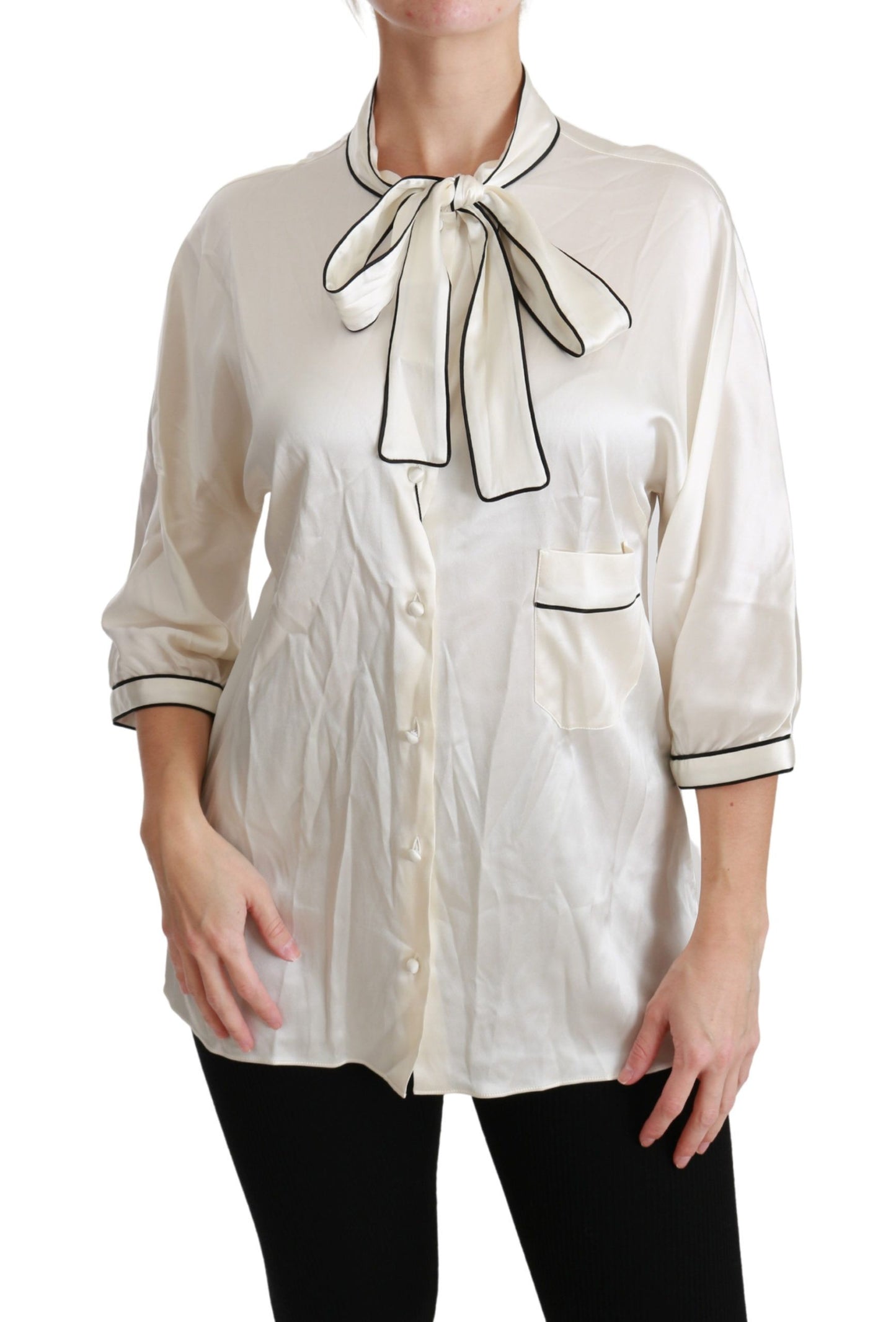 Dolce & Gabbana Elegant Beige Silk Blouse with Bow Scarf