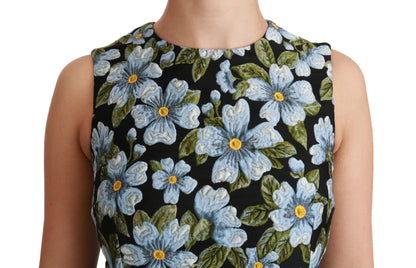 Dolce &amp; Gabbana Blaues Etuikleid aus Brokatkleid mit Blumenmuster