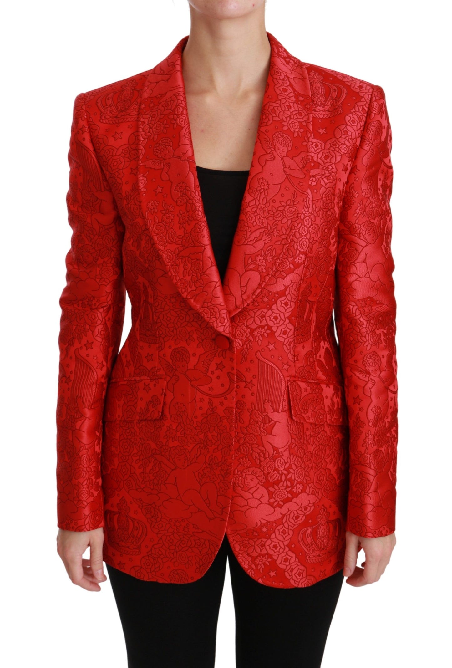 Dolce &amp; Gabbana Red Floral Angel Blazer Manteljacke