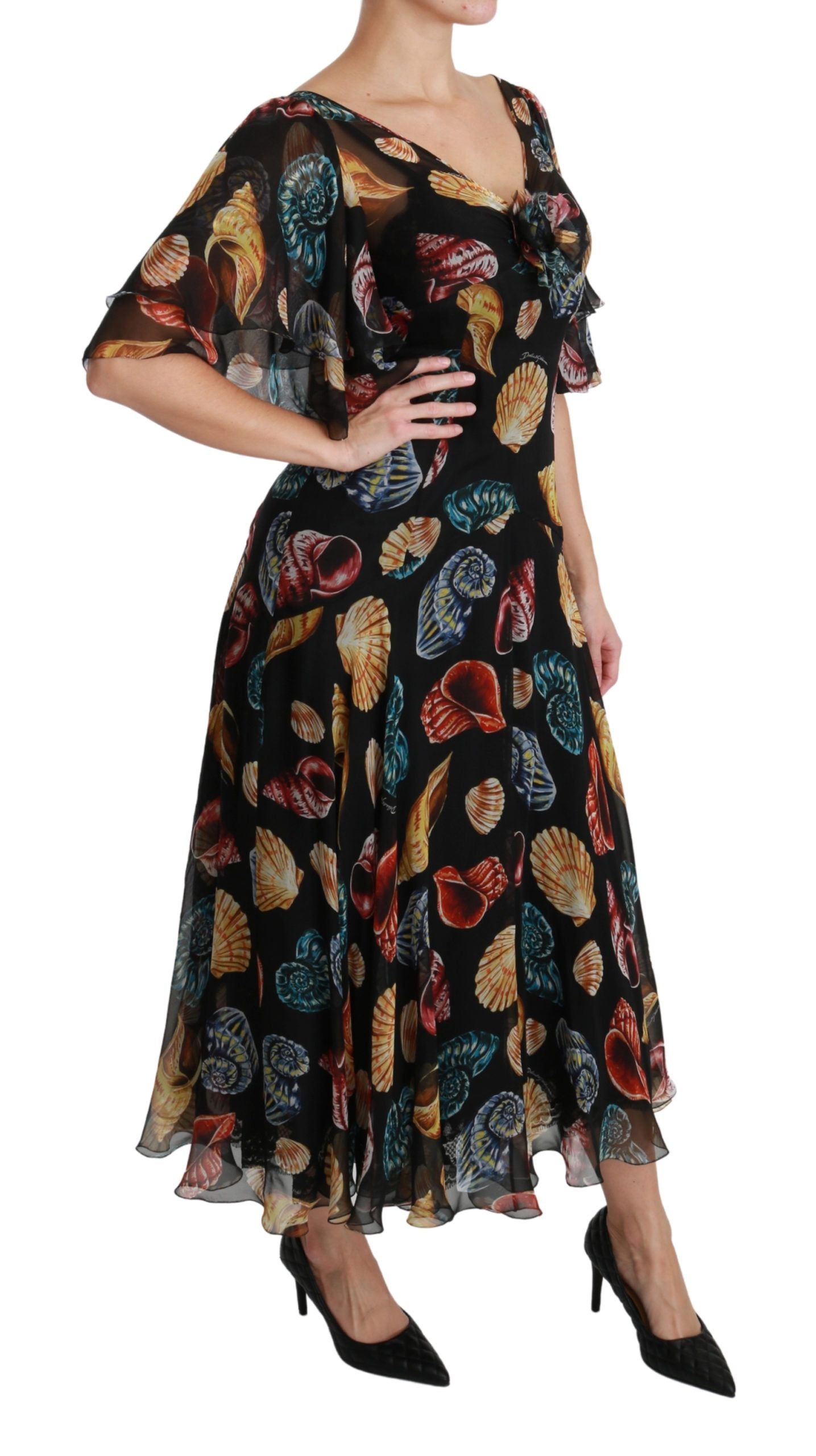 Dolce &amp; Gabbana Maxi-Midi-Seidenkleid in A-Linie mit schwarzen Muscheln