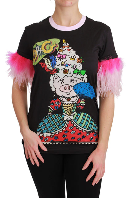 Dolce &amp; Gabbana Schwarzes YEAR OF THE PIG Top Baumwoll-T-Shirt