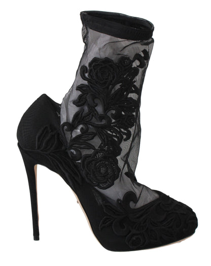 Dolce & Gabbana Black Roses Stilettos 부티 양말 신발