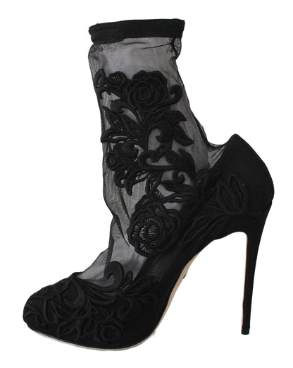 Dolce & Gabbana Black Roses Stilettos 부티 양말 신발