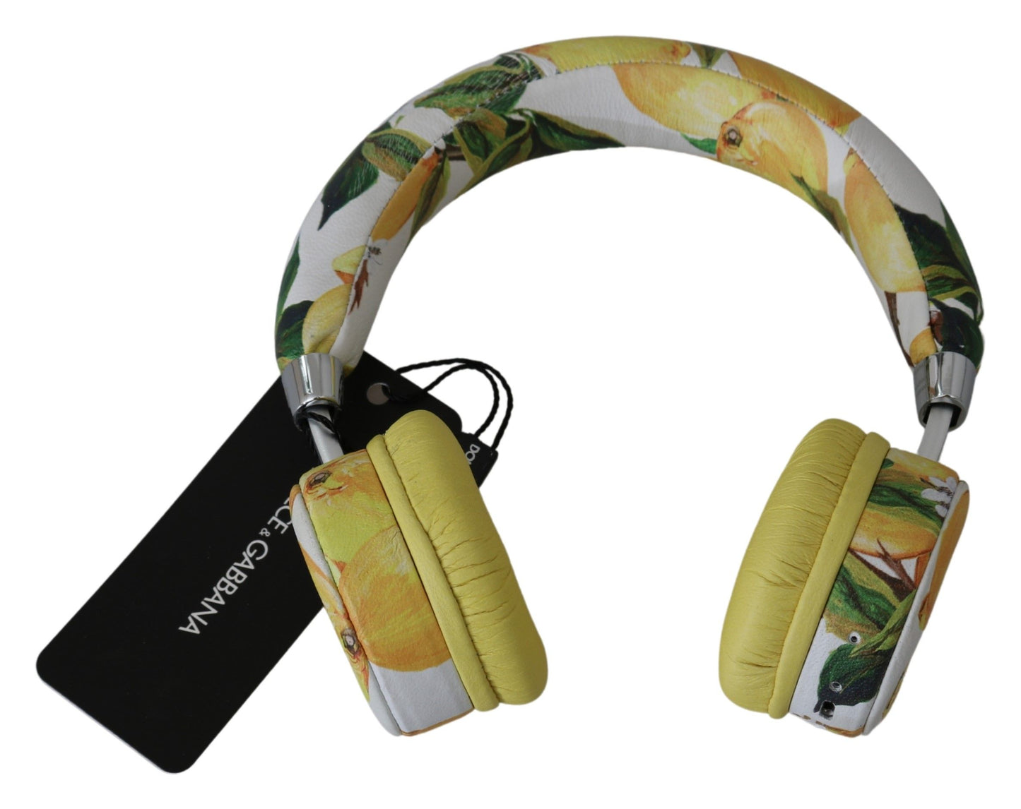 Dolce & Gabbana Chic White Leather Headphones with Yellow Print