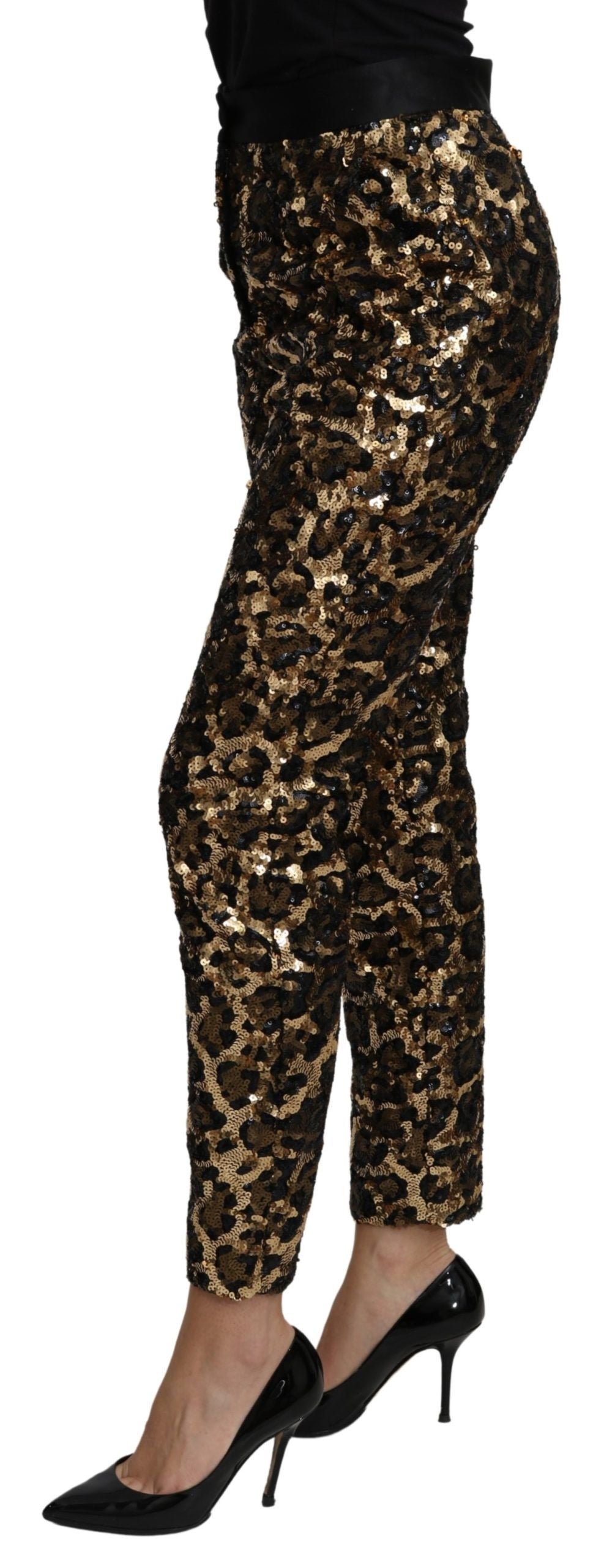 Dolce &amp; Gabbana Goldbraune Hose mit Leoparden-Pailletten und hoher Taille