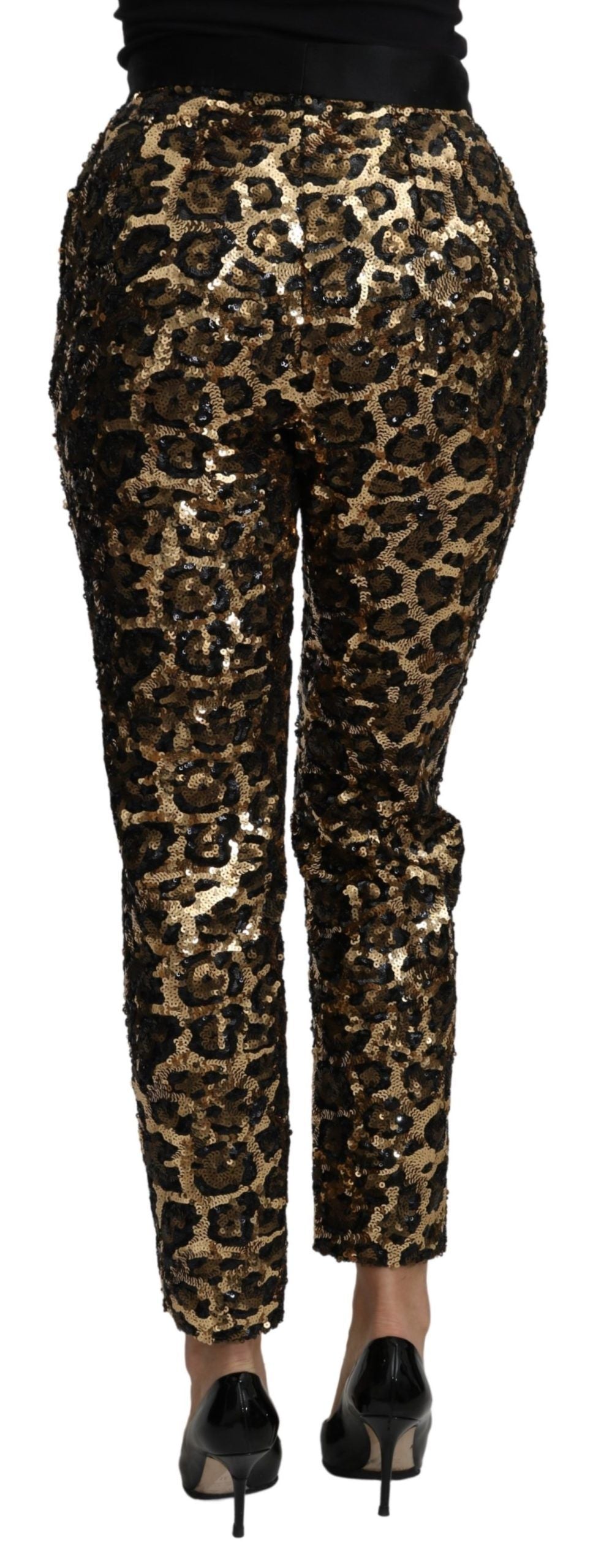 Dolce &amp; Gabbana Goldbraune Hose mit Leoparden-Pailletten und hoher Taille