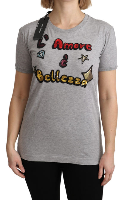 Dolce & Gabbana Grey Cotton Amore e Bellezza 최고 티셔츠