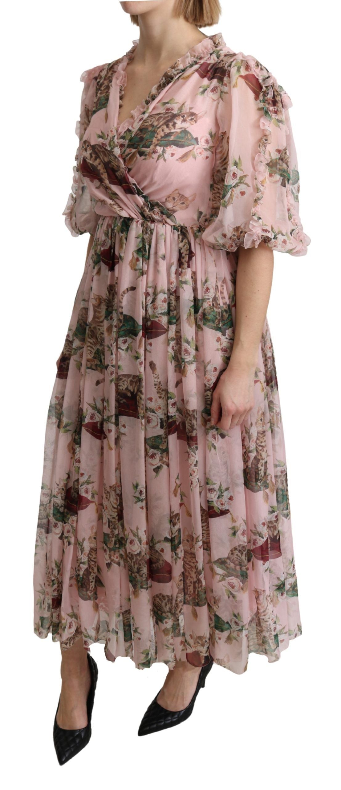 Dolce &amp; Gabbana Rosa A-Linien-Maxi-Seidenkleid mit Bengalkatzen-Print