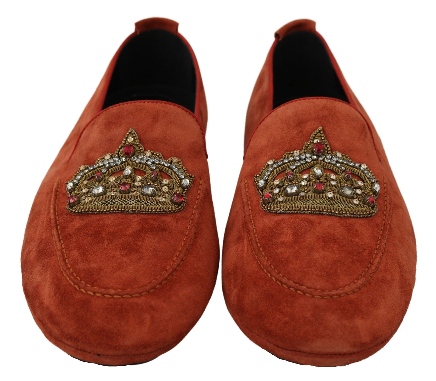 Dolce &amp; Gabbana Orange Leder Mokassins Crystal Crown Hausschuhe Schuhe