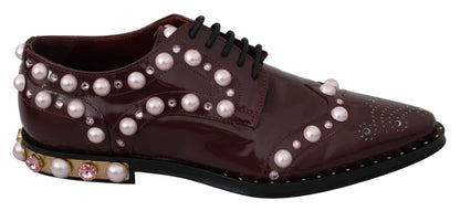 Dolce & Gabbana Elegant Bordeaux Lace-Up Flats with Pearls and Crystals