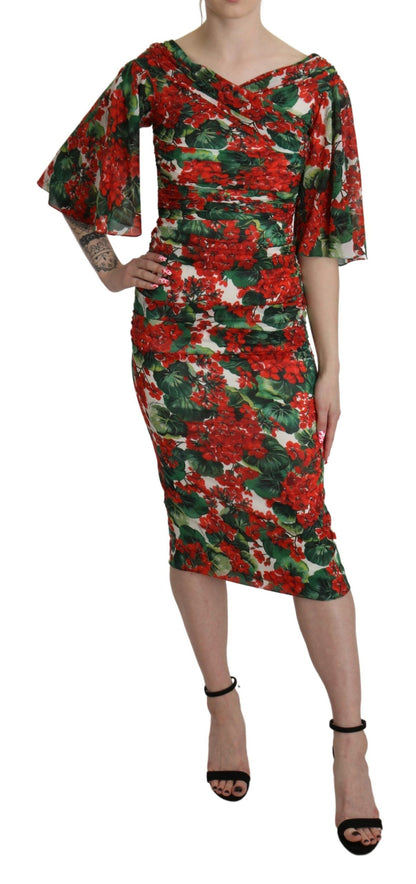 Dolce & Gabbana Red Floral Sheath Midi 실크 스트레치 드레스