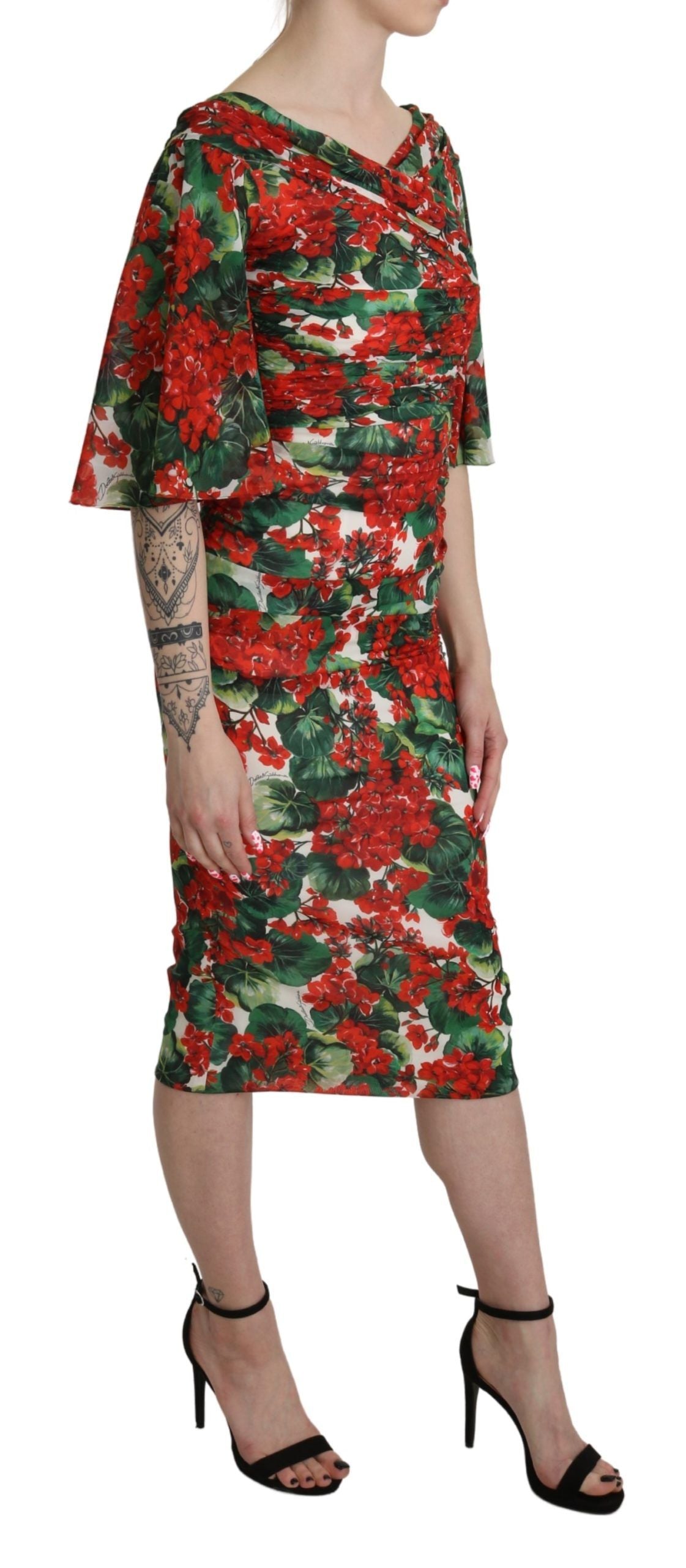 Dolce & Gabbana Red Floral Sheath Midi 실크 스트레치 드레스