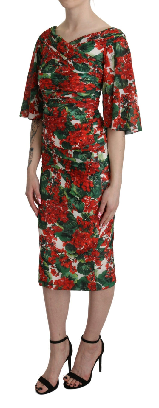 Dolce & Gabbana Red Floral Sheath Midi 실크 스트레치 드레스