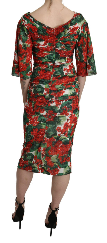 Dolce & Gabbana Red Floral Sheath Midi 실크 스트레치 드레스