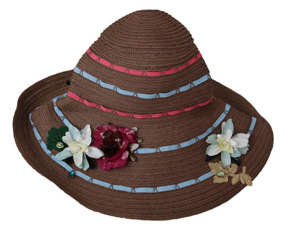 Dolce & Gabbana Brown Floral Wide Brim Straw Floppy Cap Hat