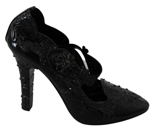 Dolce &amp; Gabbana schwarze CINDERELLA-Absatzschuhe mit Blumenkristall und Kristallen