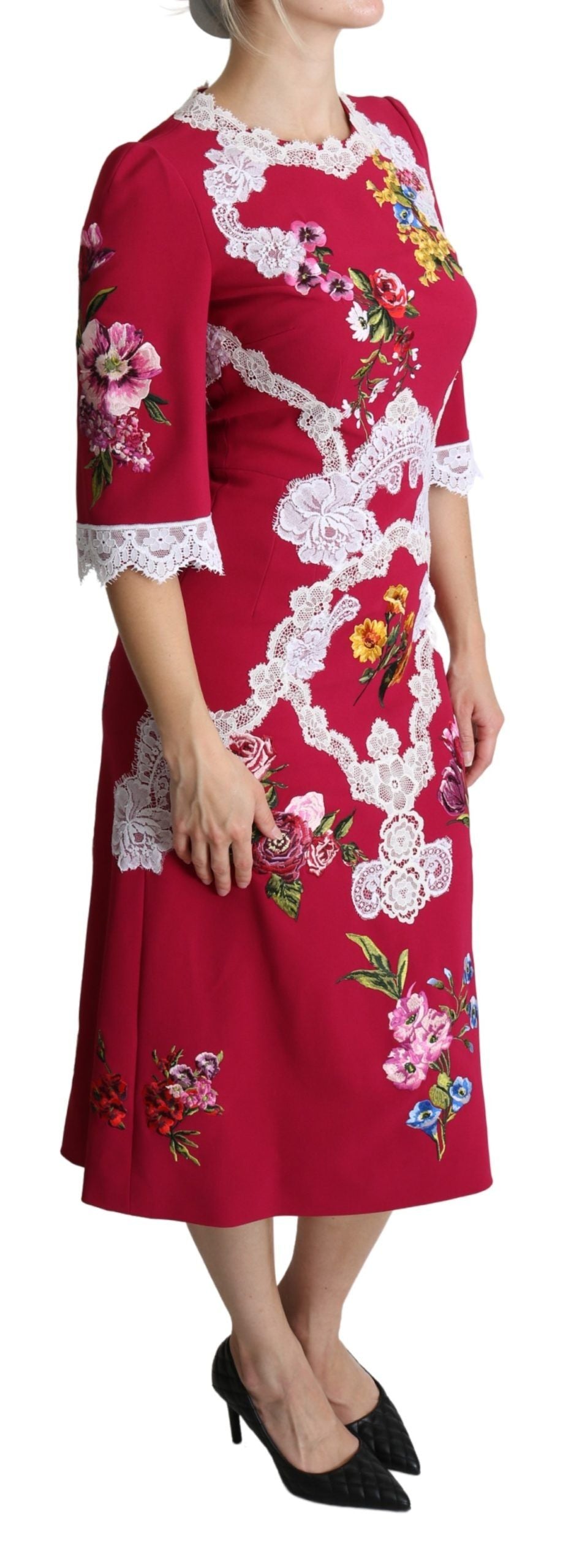 Dolce & Gabbana Red Blumes bestickte Hülle Midi Kleid