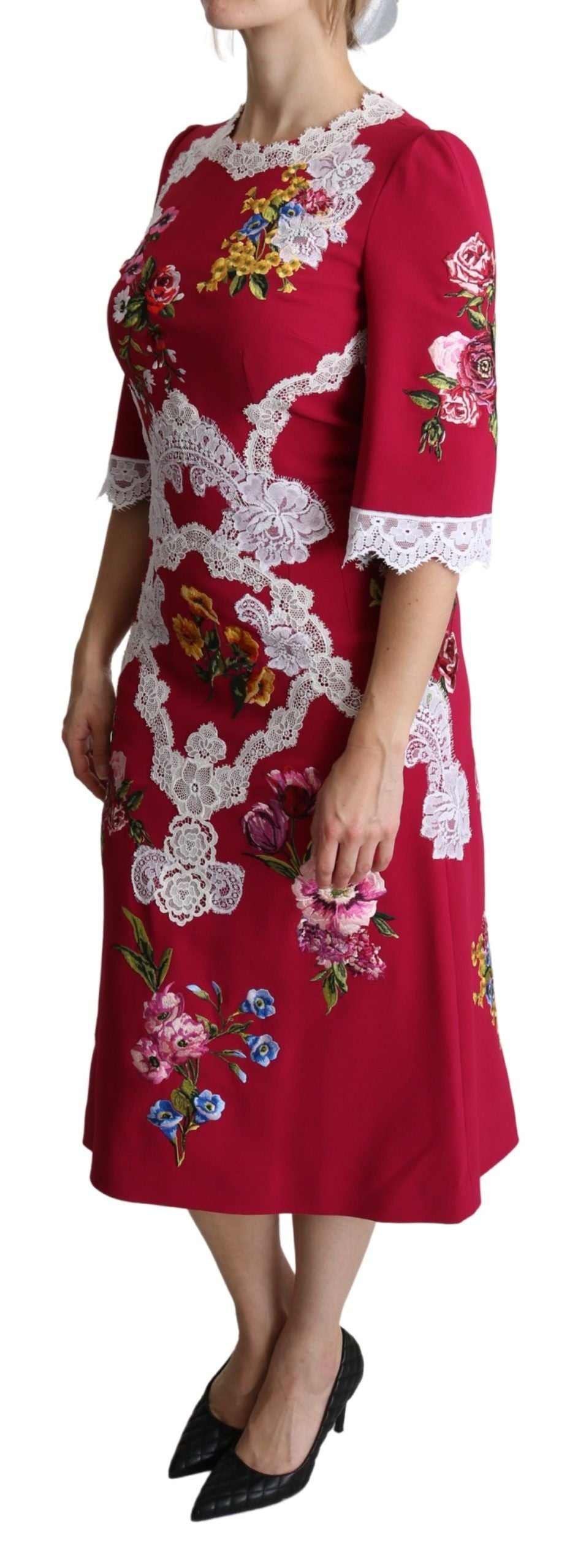 Dolce & Gabbana Red Blumes bestickte Hülle Midi Kleid