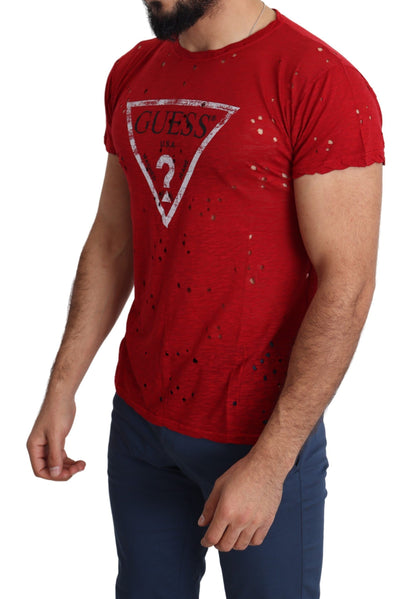 Guess Red Cotton Logo Print Herren Casual Top Perforiertes T-Shirt