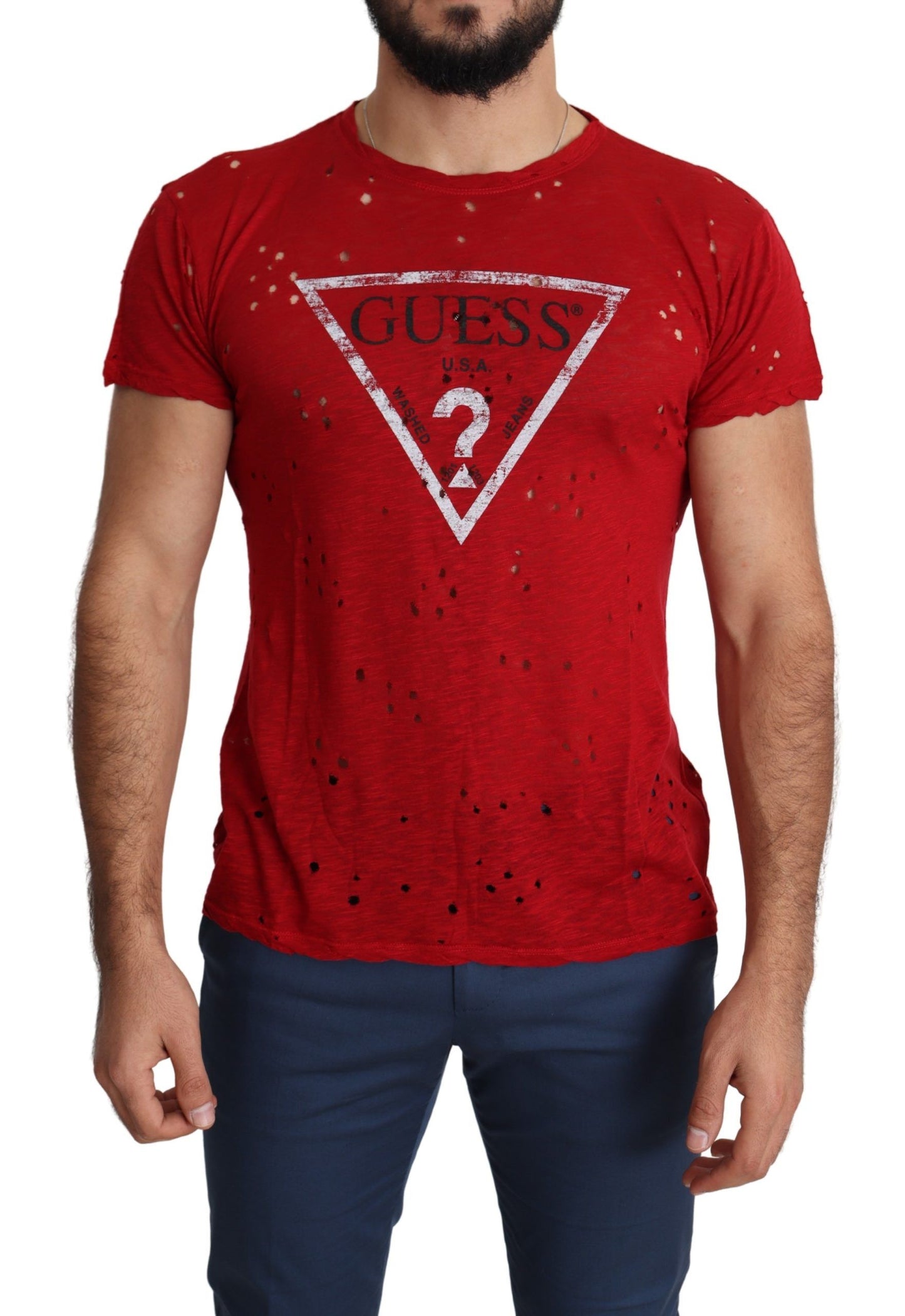 Guess Red Cotton Logo Print Herren Casual Top Perforiertes T-Shirt