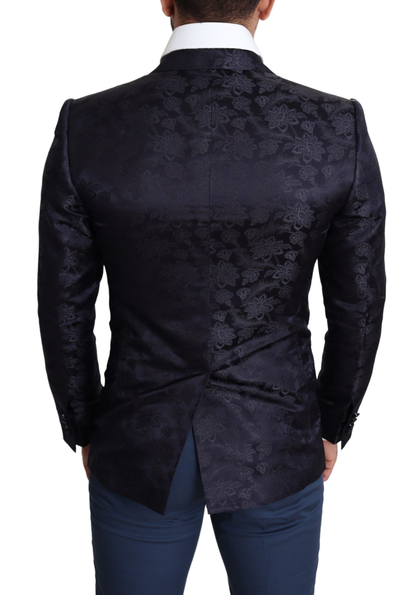 Dolce & Gabbana Blue Floral Jacquard Silk Coat Martini Blazer