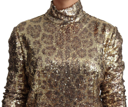 Dolce &amp; Gabbana Brauner Rollkragen-Paillettenpullover mit Leopardenmuster