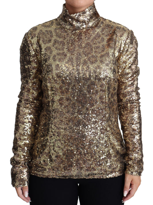 Dolce &amp; Gabbana Brauner Rollkragen-Paillettenpullover mit Leopardenmuster