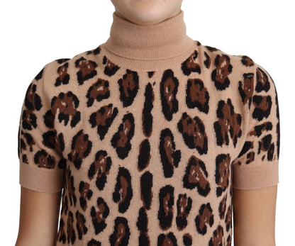 Dolce & Gabbana Beige Leopard 인쇄 처녀 양모 Turtleneck