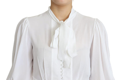 Dolce & Gabbana White Blouse Ascot Collar Lantern Sleeves Top