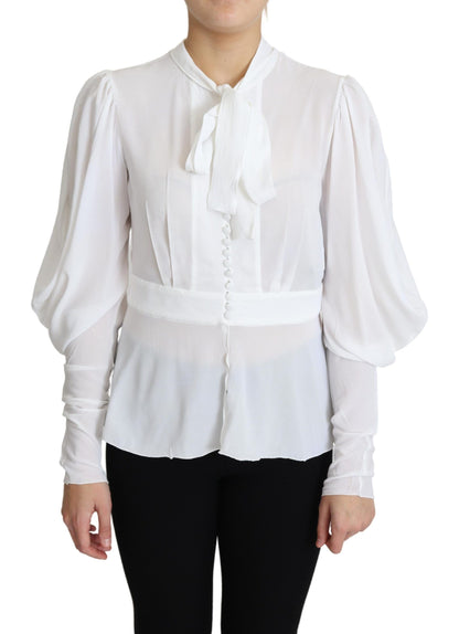 Dolce & Gabbana White Blouse Ascot Collar Lantern Sleeves Top