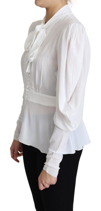 Dolce & Gabbana White Blouse Ascot Collar Lantern Sleeves Top