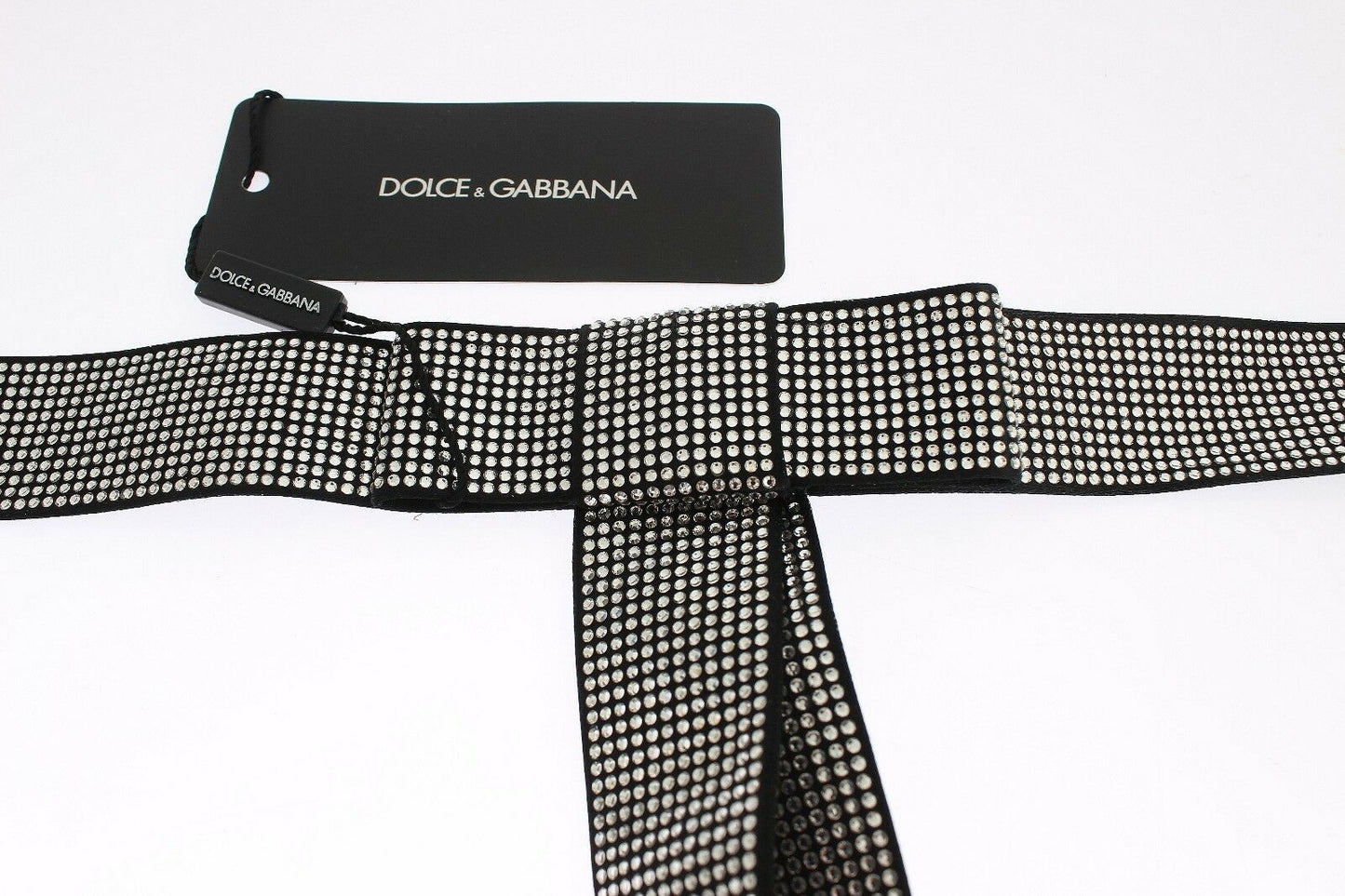 Dolce & Gabbana Black Silk Clear Crystal Bow Waist Belt