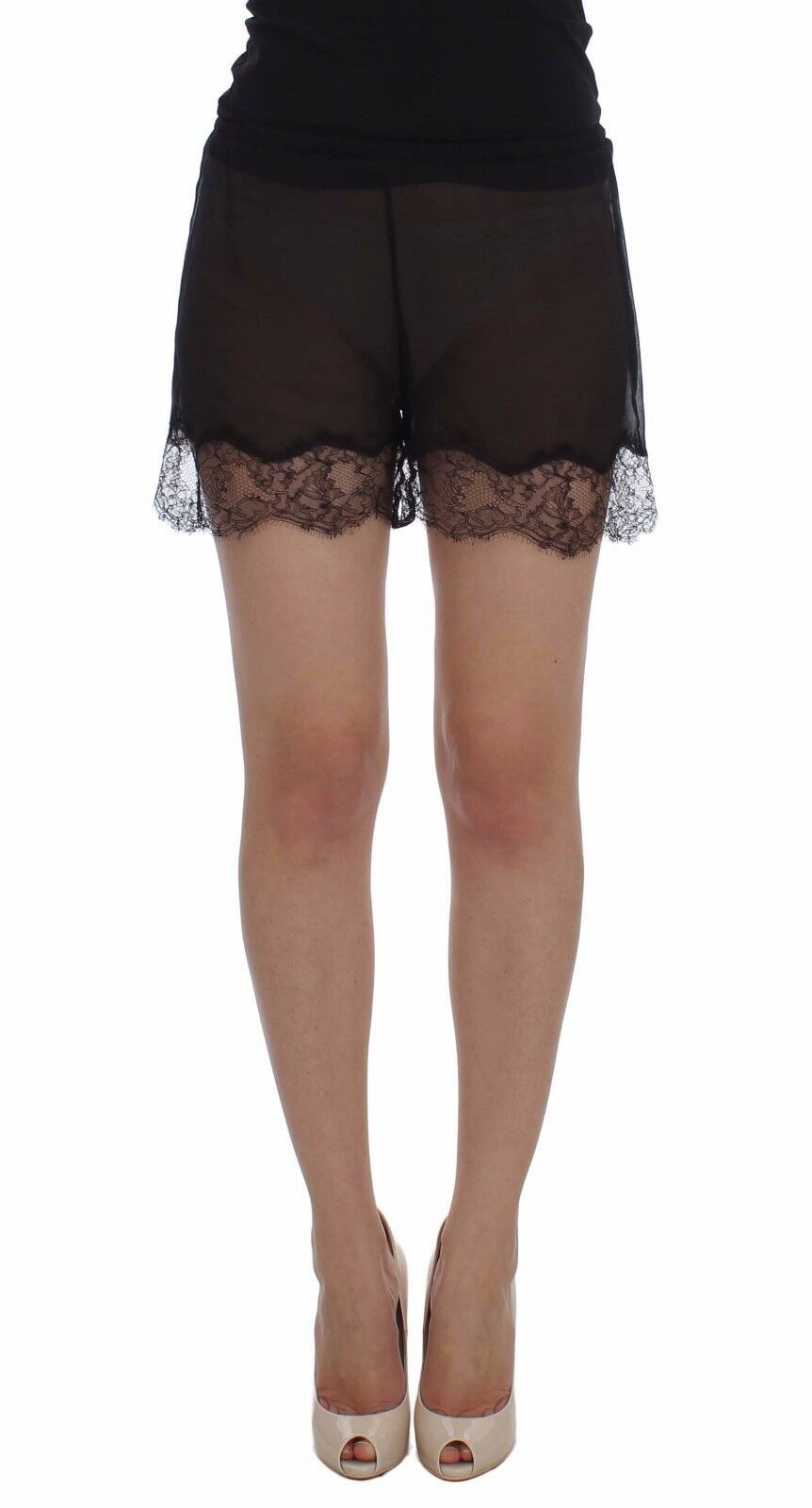 Dolce &amp; Gabbana Schwarze Nachtwäsche-Shorts aus Seide mit floraler Spitze