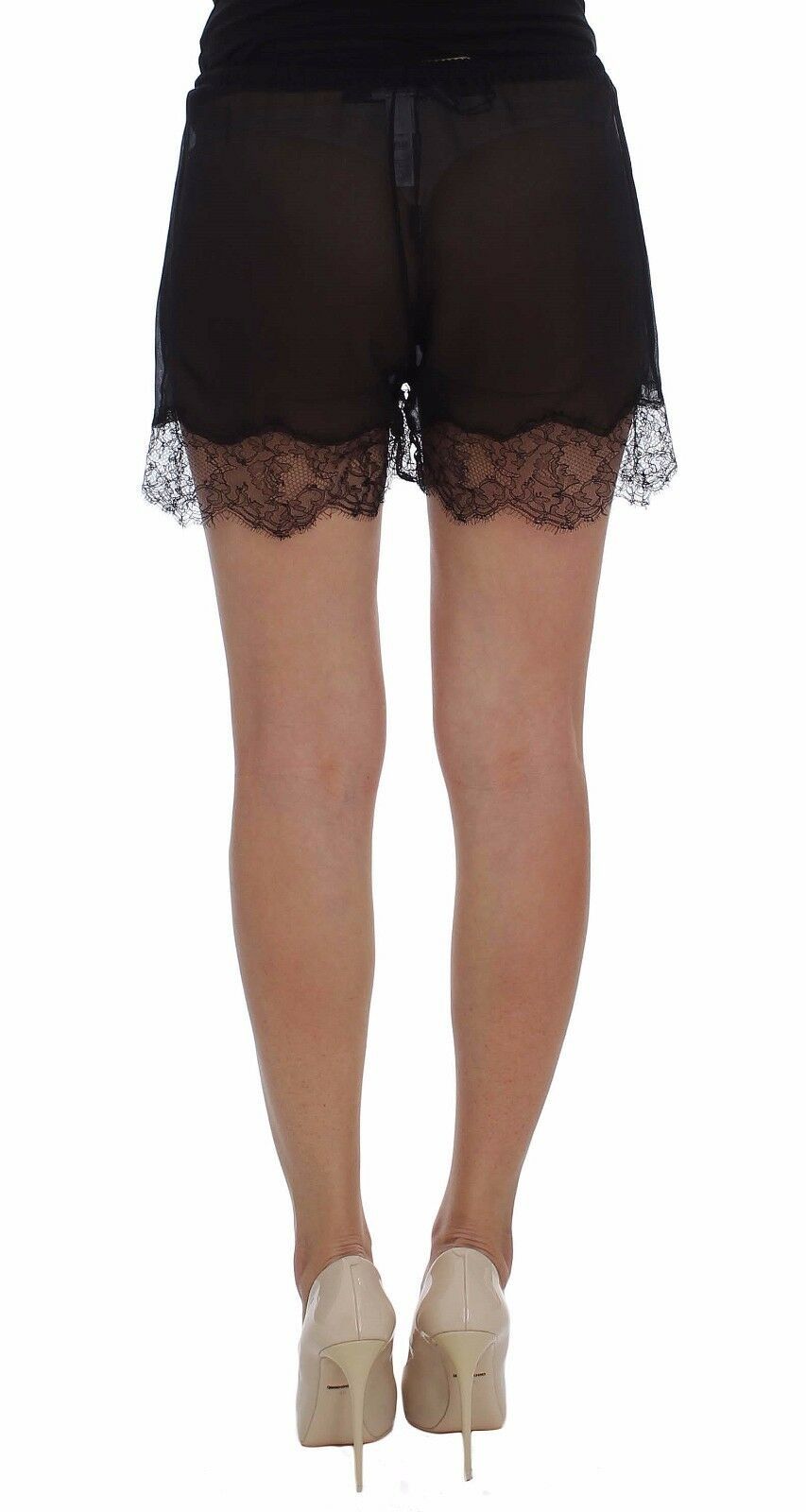 Dolce &amp; Gabbana Schwarze Nachtwäsche-Shorts aus Seide mit floraler Spitze