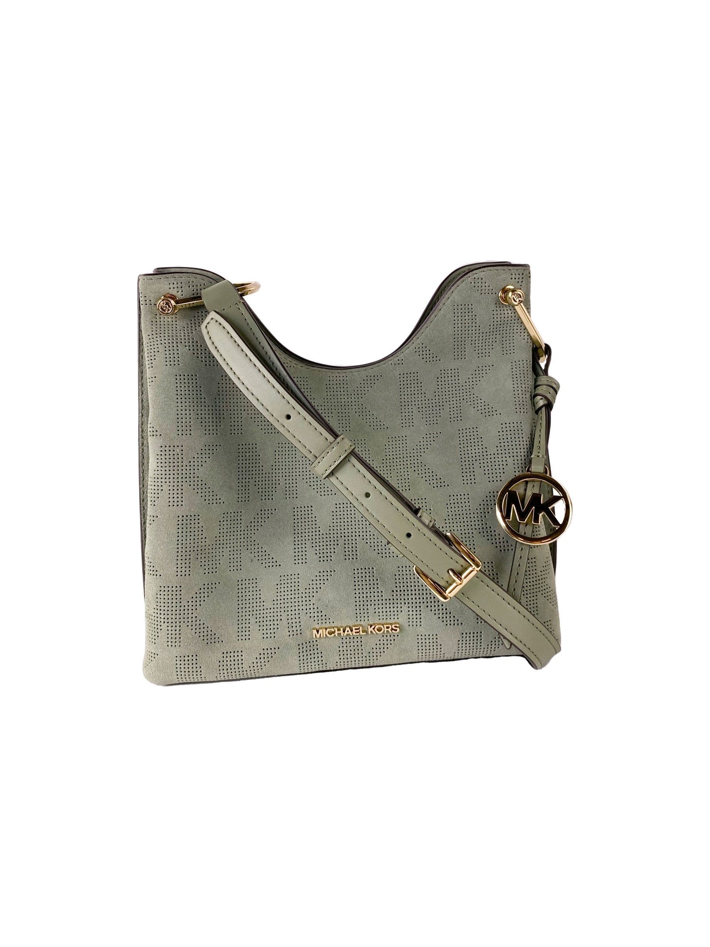 Michael Kors Joan 대형 천공 스웨이드 가죽 멍청한 메신저 핸드백 (Army Green)