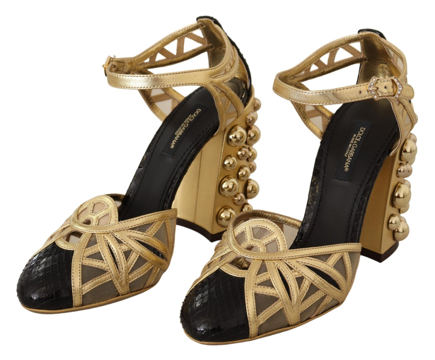 Dolce &amp; Gabbana Schwarzgoldene Leder-Schuhe mit Nieten und Knöchelriemen