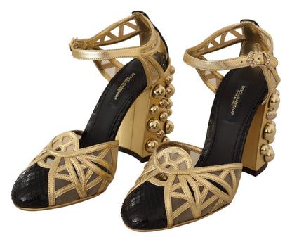 Dolce &amp; Gabbana Schwarzgoldene Leder-Schuhe mit Nieten und Knöchelriemen