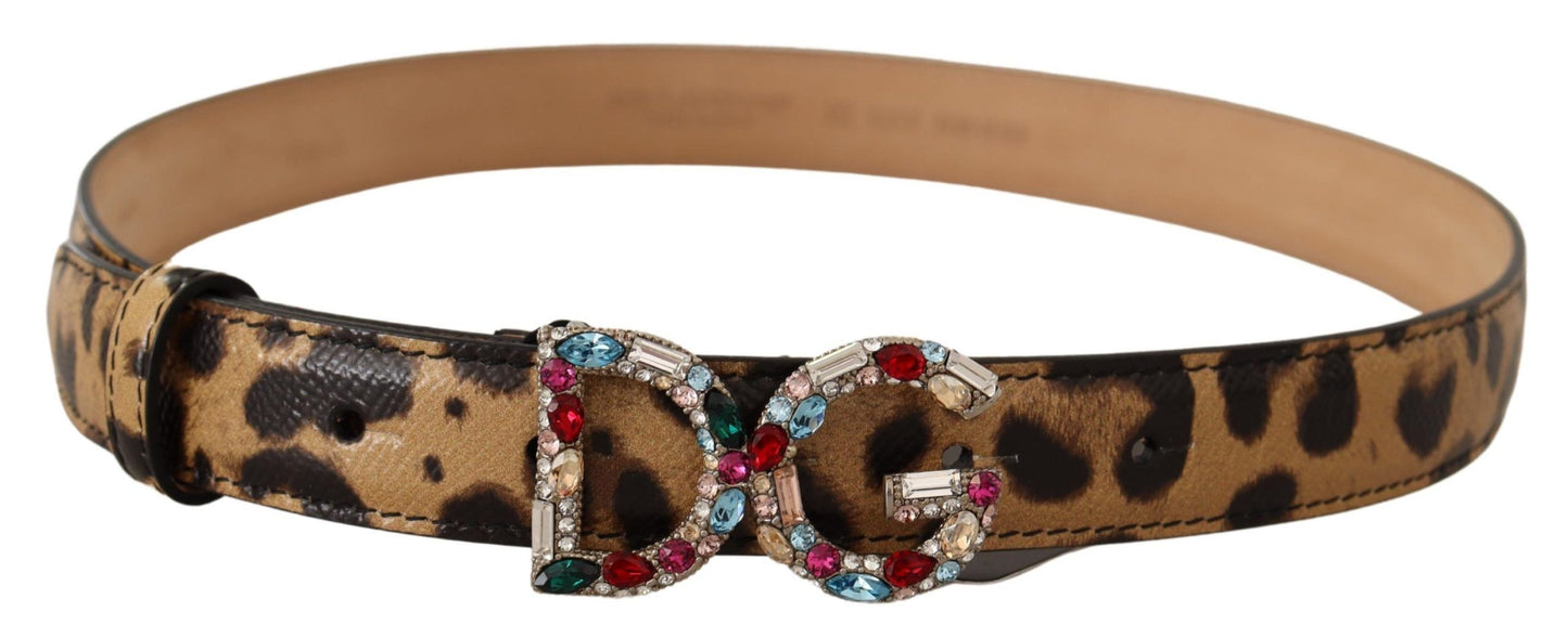 Dolce &amp; Gabbana Brauner Gürtel mit Schnalle aus Leopardenleder und DG-Kristallen