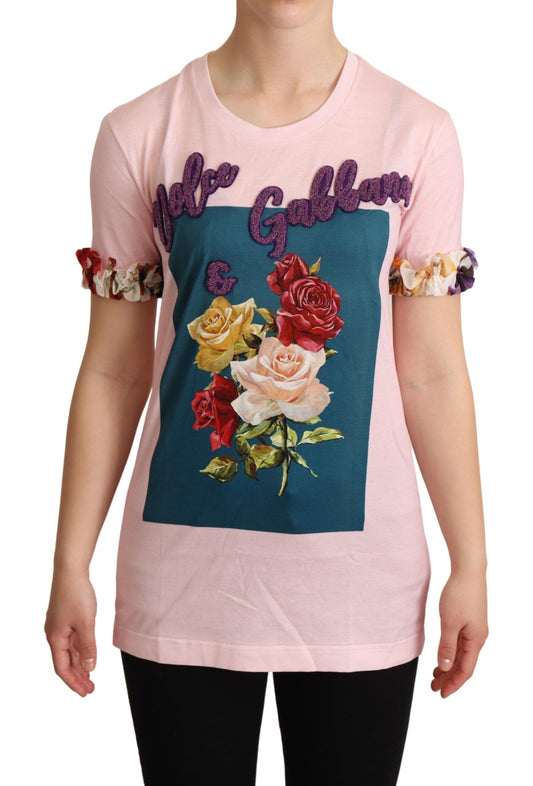 Dolce & Gabbana Pink Cotton Floral Roses Crewneck 티셔츠